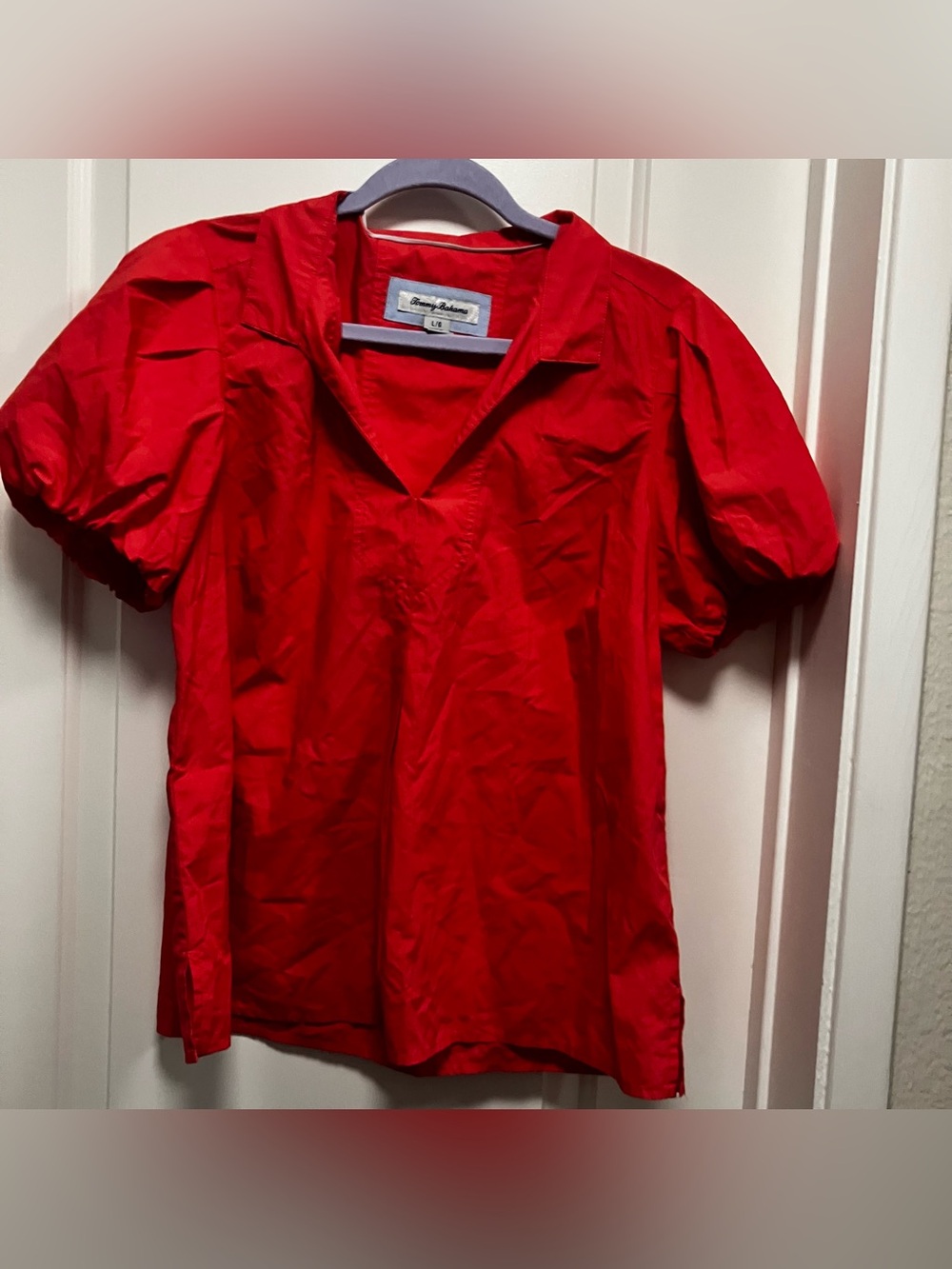 Tommy Bahama Blouse Womens L Large Coral cotton Puff Sleeve V-Neck Collared